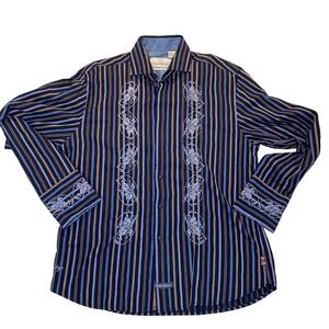 English Laundry Christopher Wicks Mens XL Blue Striped Embroidered Button Shirt